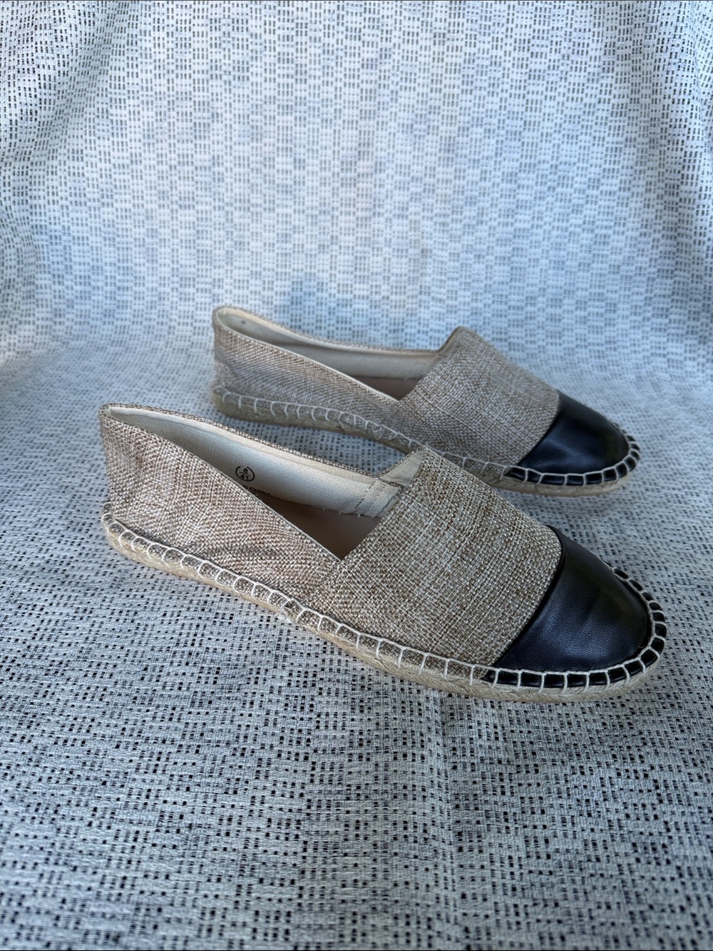 London Rebel Beige Canvas Espadrille Flats with Black Toe Cap